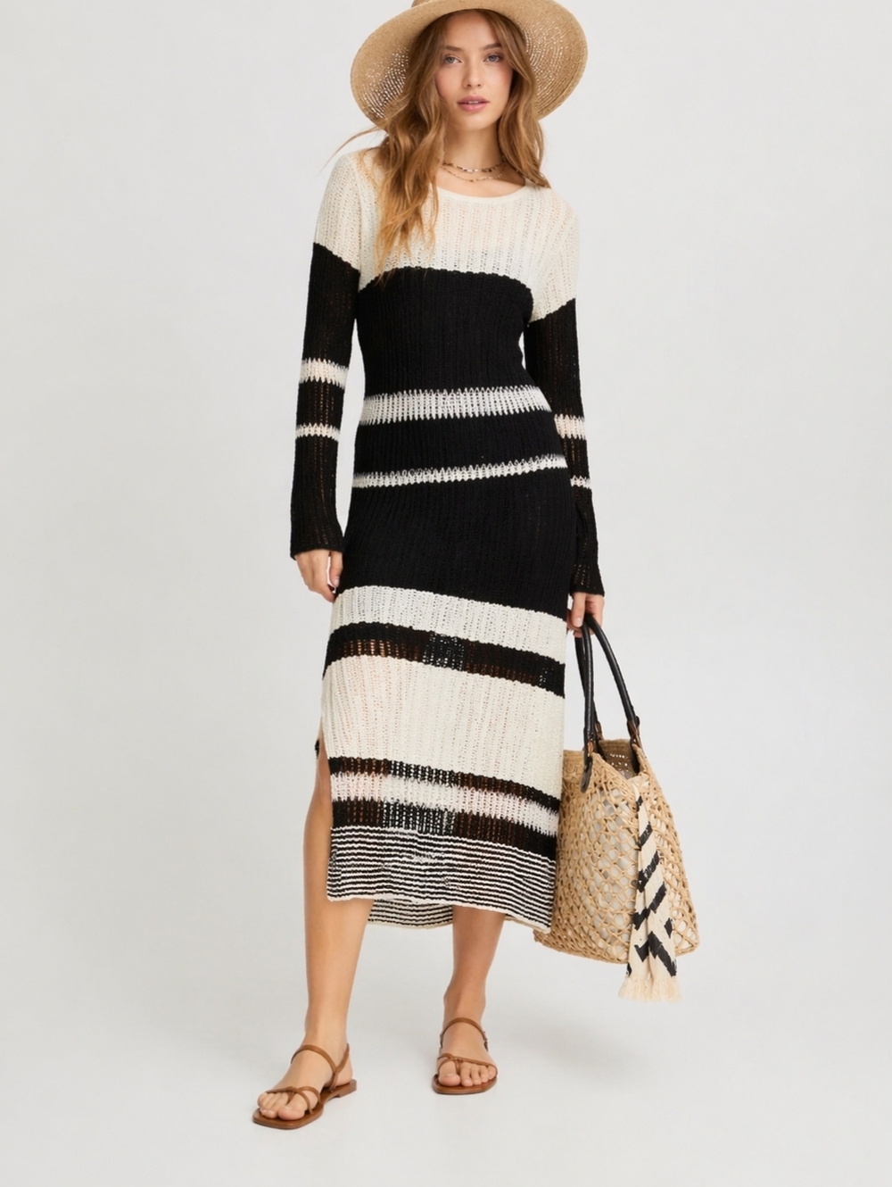 NWT Atelier Reve Irfantino Open Knit 2-in-1 Stripe Maxi Dress Layered Slip Lined